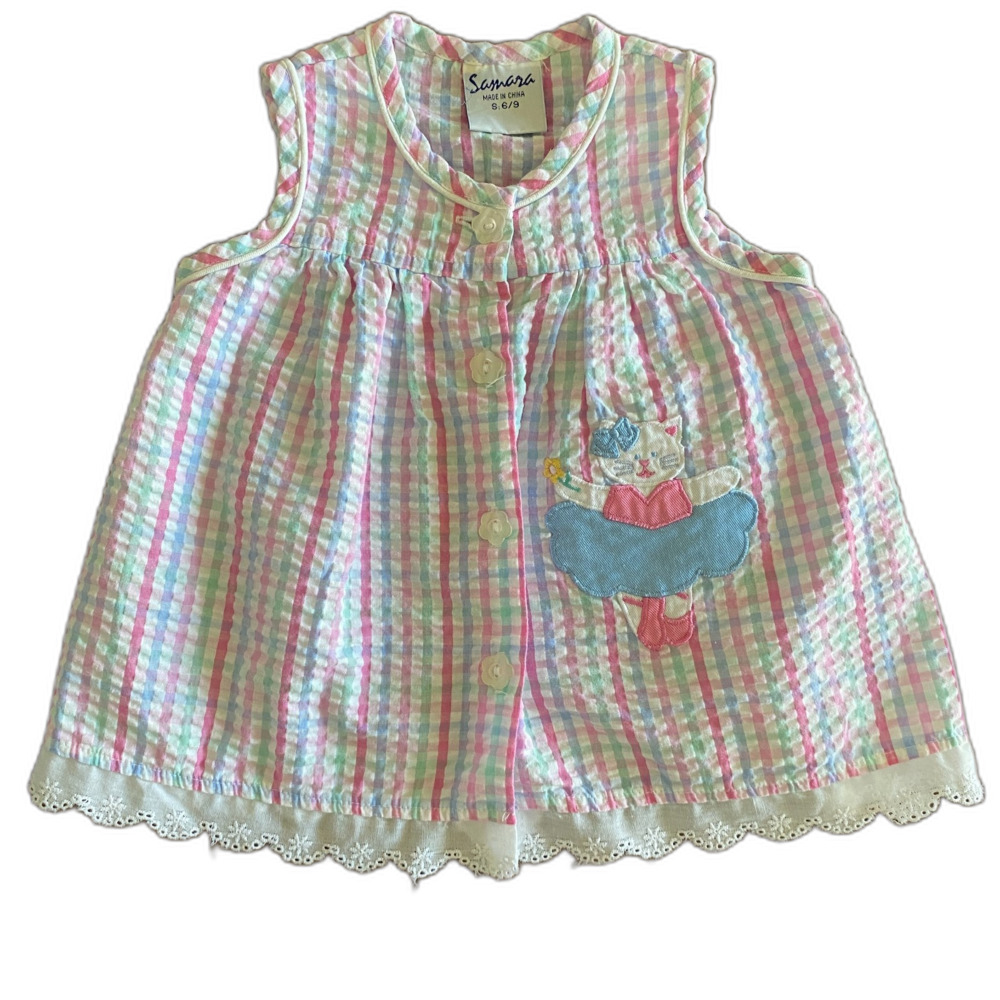 Vintage Samara Gingham Seersucker Cat Dress Girls’ S (6-9 Months)